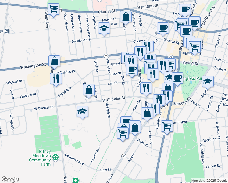 map of restaurants, bars, coffee shops, grocery stores, and more near 31 Walnut Street in Saratoga Springs