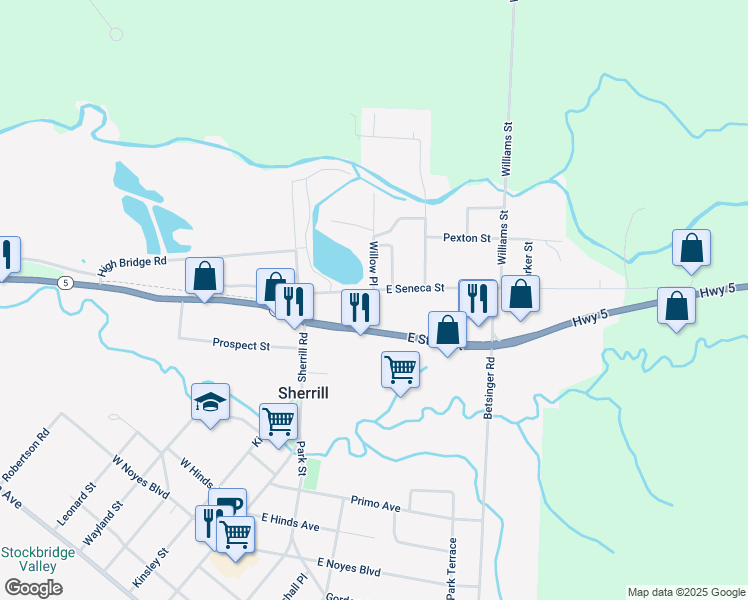 map of restaurants, bars, coffee shops, grocery stores, and more near 221 East Seneca Street in Sherrill