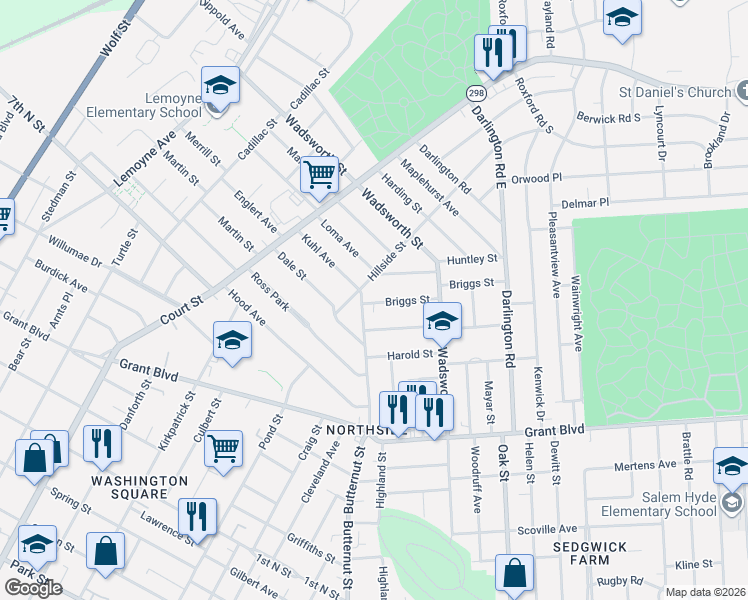 map of restaurants, bars, coffee shops, grocery stores, and more near 118 Huntley Street in Syracuse