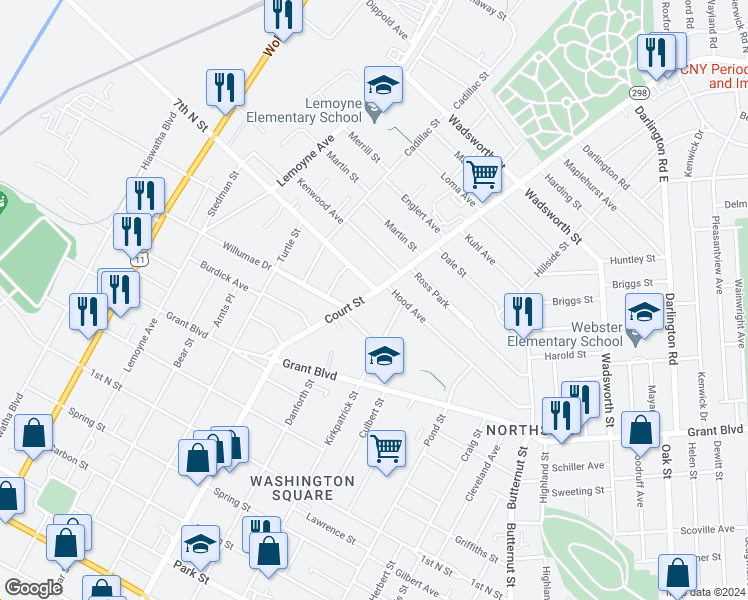 map of restaurants, bars, coffee shops, grocery stores, and more near 1301 Court Street in Syracuse