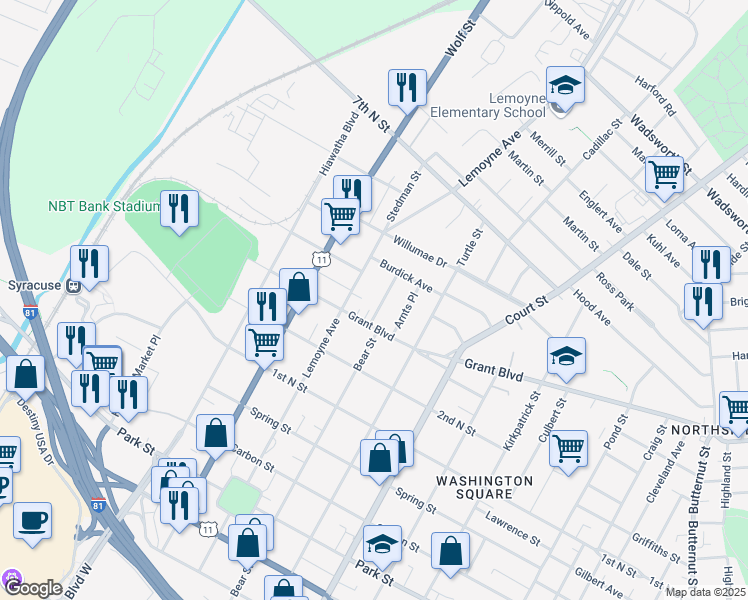 map of restaurants, bars, coffee shops, grocery stores, and more near 115 Murray Avenue in Syracuse