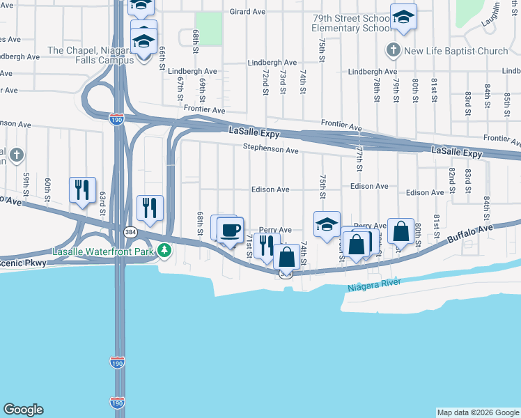 map of restaurants, bars, coffee shops, grocery stores, and more near 245 71st Street in Niagara Falls