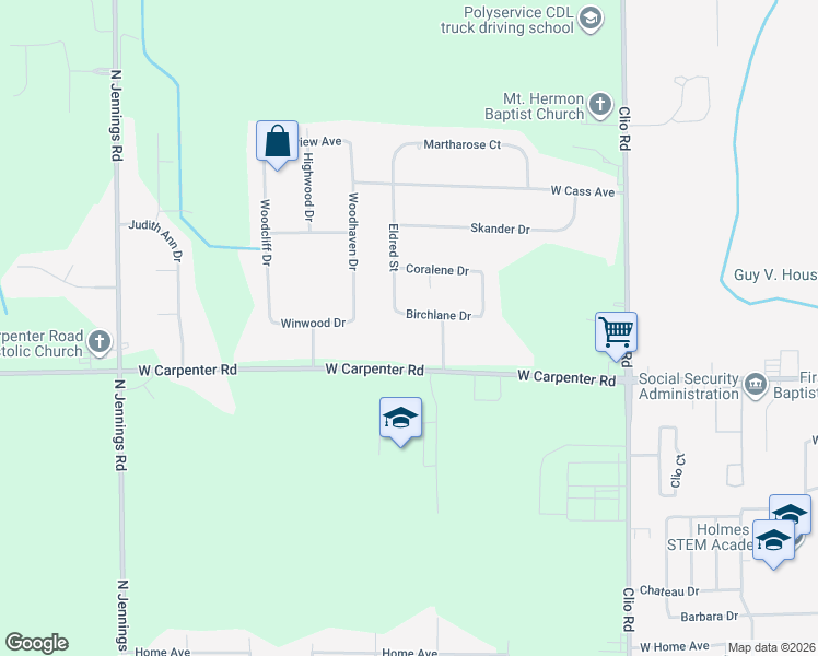 map of restaurants, bars, coffee shops, grocery stores, and more near 3231 Birchlane Drive in Flint