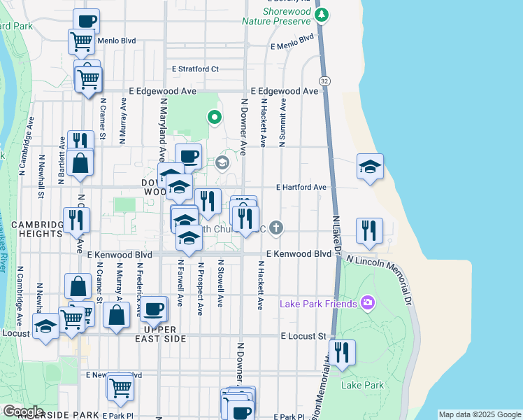 map of restaurants, bars, coffee shops, grocery stores, and more near 3265 North Summit Avenue in Milwaukee
