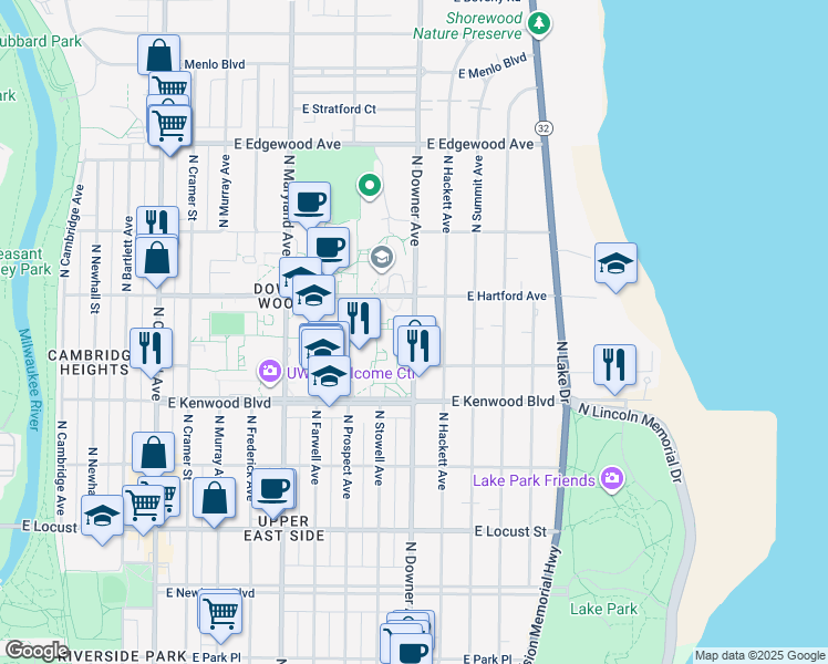 map of restaurants, bars, coffee shops, grocery stores, and more near 3258 North Downer Avenue in Milwaukee
