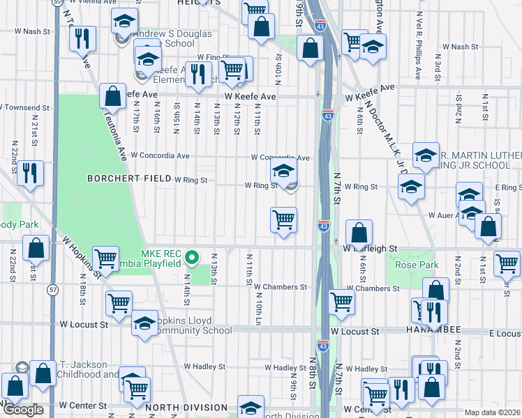 map of restaurants, bars, coffee shops, grocery stores, and more near 3223 North 10th Street in Milwaukee