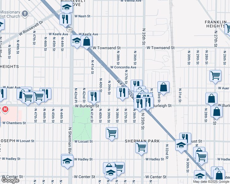 map of restaurants, bars, coffee shops, grocery stores, and more near 3812 West Auer Avenue in Milwaukee