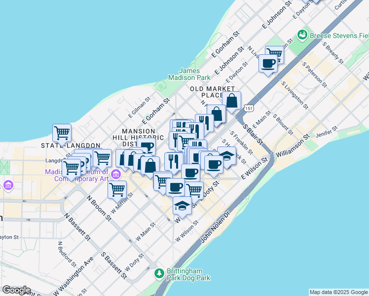 map of restaurants, bars, coffee shops, grocery stores, and more near in Madison