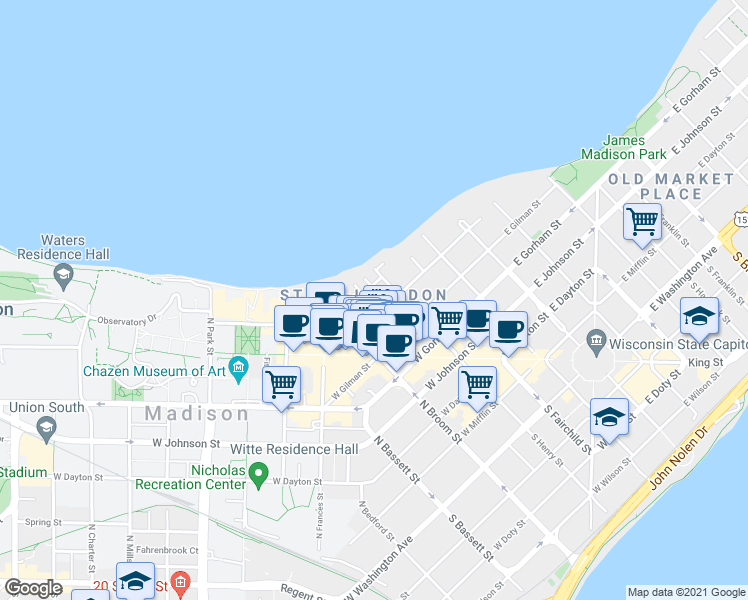 map of restaurants, bars, coffee shops, grocery stores, and more near 220 East Lakelawn Place in Madison