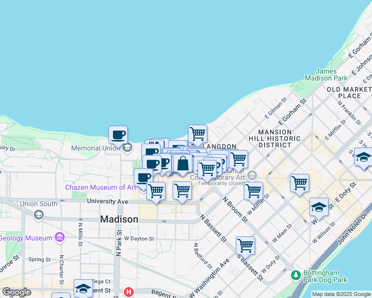 map of restaurants, bars, coffee shops, grocery stores, and more near 644 North Frances Street in Madison