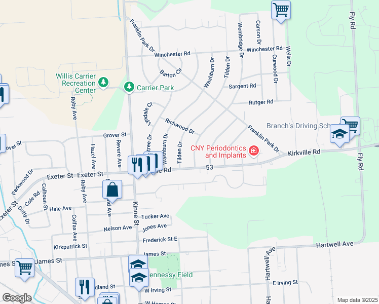 map of restaurants, bars, coffee shops, grocery stores, and more near 113 Wembridge Drive in East Syracuse