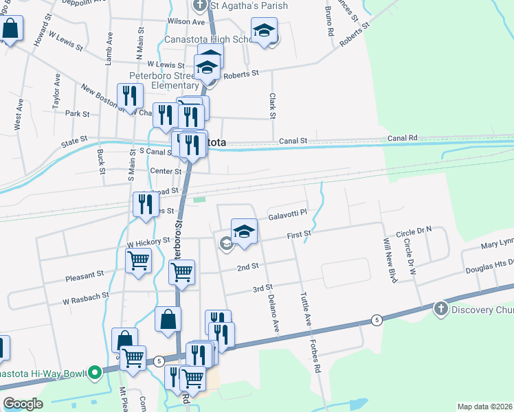 map of restaurants, bars, coffee shops, grocery stores, and more near 96 The Terrace in Canastota