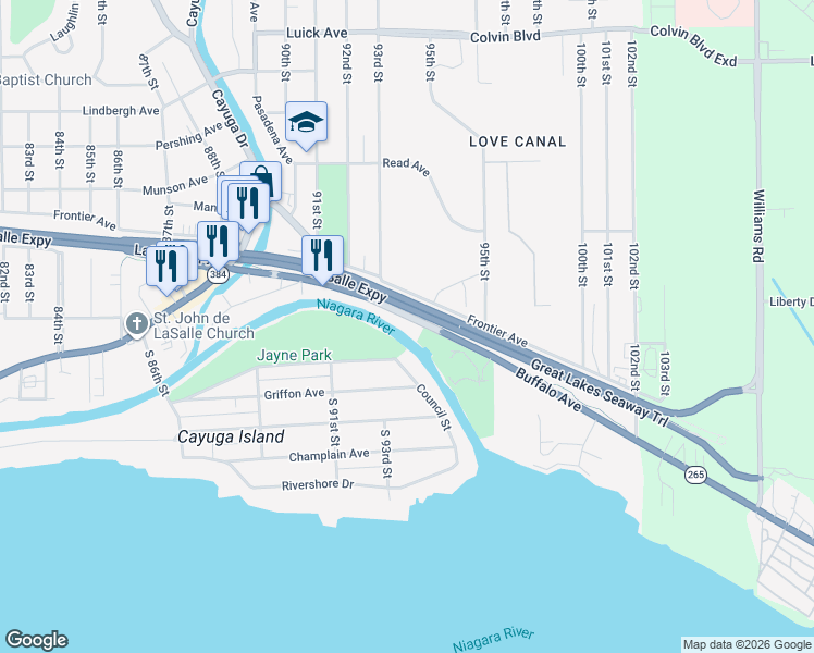 map of restaurants, bars, coffee shops, grocery stores, and more near 9343 Buffalo Avenue in Niagara Falls