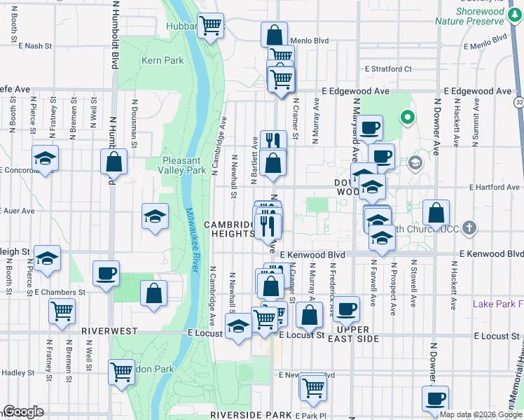 map of restaurants, bars, coffee shops, grocery stores, and more near 3261A North Oakland Avenue in Milwaukee