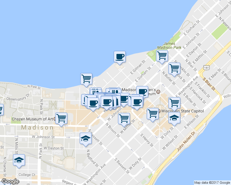 map of restaurants, bars, coffee shops, grocery stores, and more near 124 West Gilman Street in Madison