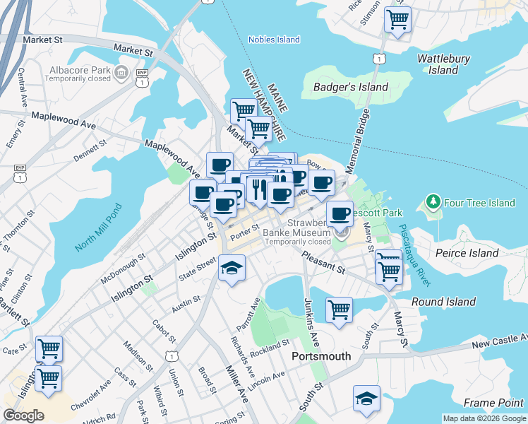 map of restaurants, bars, coffee shops, grocery stores, and more near 18 Congress Street in Portsmouth