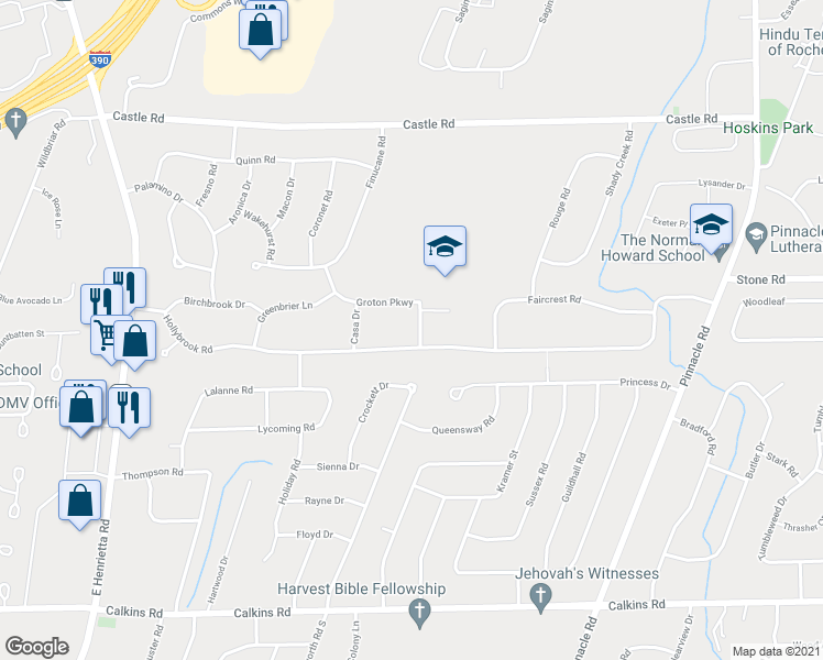 map of restaurants, bars, coffee shops, grocery stores, and more near 99 Groton Parkway in Rochester