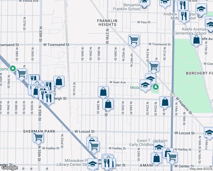 map of restaurants, bars, coffee shops, grocery stores, and more near North 27th Street in Milwaukee