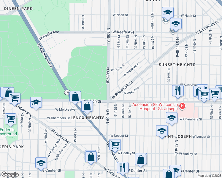 map of restaurants, bars, coffee shops, grocery stores, and more near 3176 North 60th Street in Milwaukee