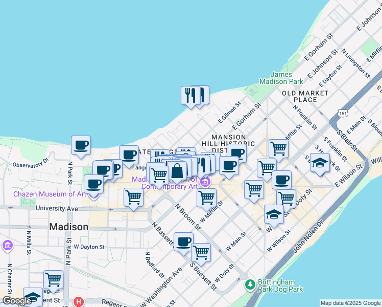 map of restaurants, bars, coffee shops, grocery stores, and more near 123 West Gilman Street in Madison