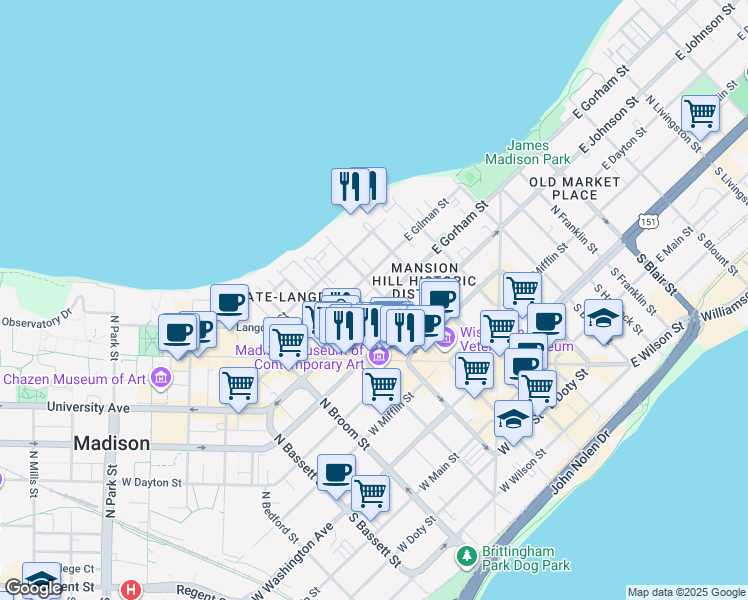 map of restaurants, bars, coffee shops, grocery stores, and more near 404 North Carroll Street in Madison