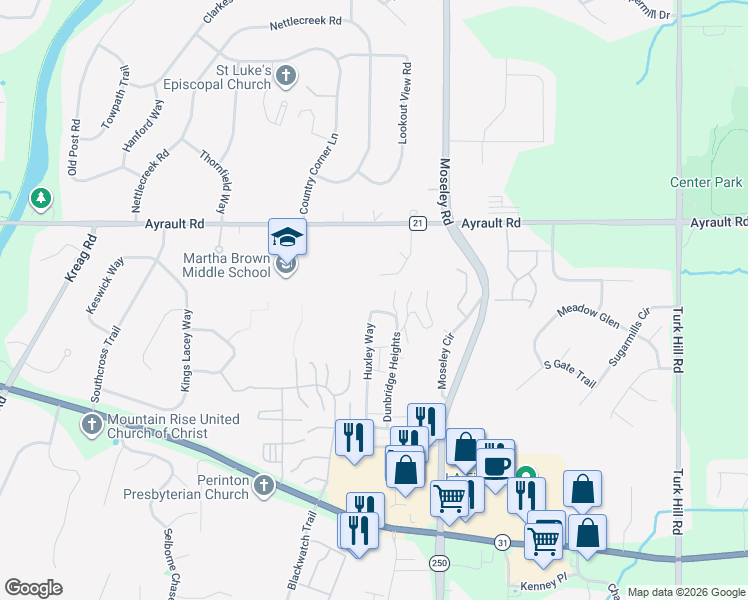 map of restaurants, bars, coffee shops, grocery stores, and more near 86 Huxley Way in Fairport