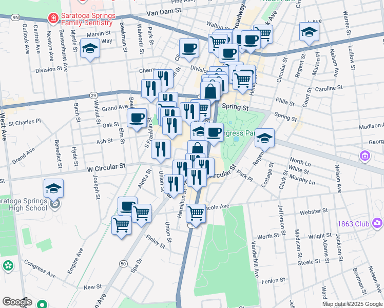 map of restaurants, bars, coffee shops, grocery stores, and more near 30 Hamilton Street in Saratoga Springs