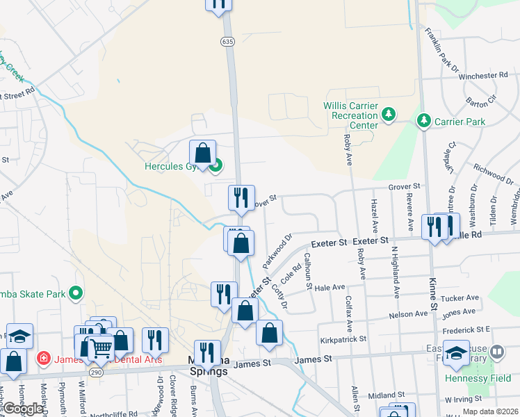 map of restaurants, bars, coffee shops, grocery stores, and more near 5 Grover Street in East Syracuse