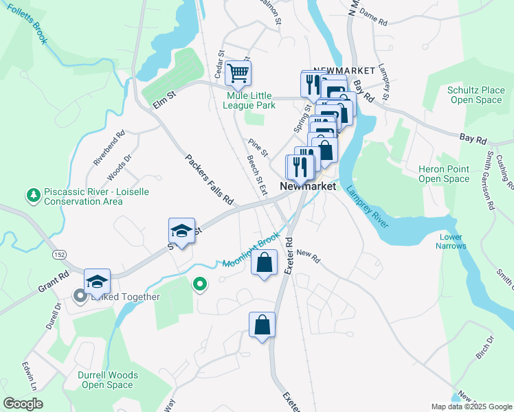 map of restaurants, bars, coffee shops, grocery stores, and more near 196 South Main Street in Newmarket