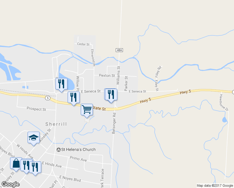 map of restaurants, bars, coffee shops, grocery stores, and more near 339 East Seneca Street in Sherrill
