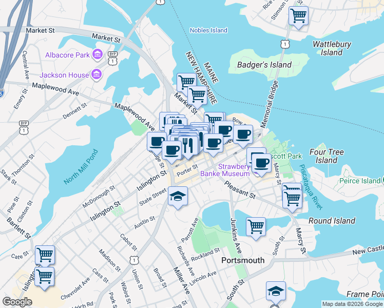 map of restaurants, bars, coffee shops, grocery stores, and more near in Portsmouth