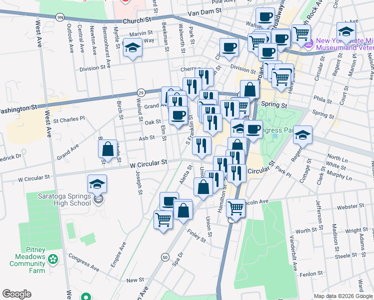 map of restaurants, bars, coffee shops, grocery stores, and more near 26 Beekman Street in Saratoga Springs