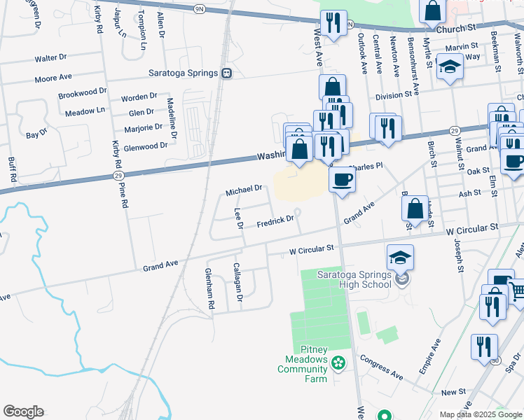 map of restaurants, bars, coffee shops, grocery stores, and more near 64 Michael Drive in Saratoga Springs