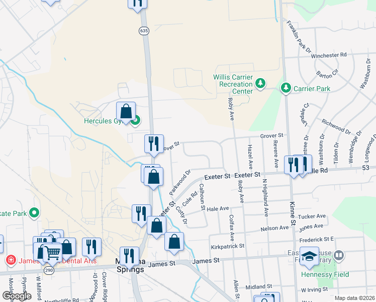 map of restaurants, bars, coffee shops, grocery stores, and more near 20 Grover Street in East Syracuse