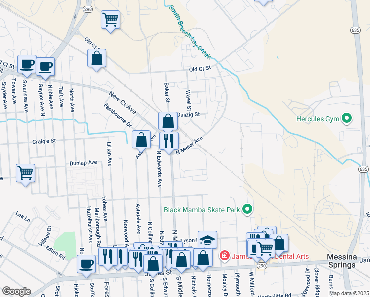 map of restaurants, bars, coffee shops, grocery stores, and more near 400 North Midler Avenue in Syracuse