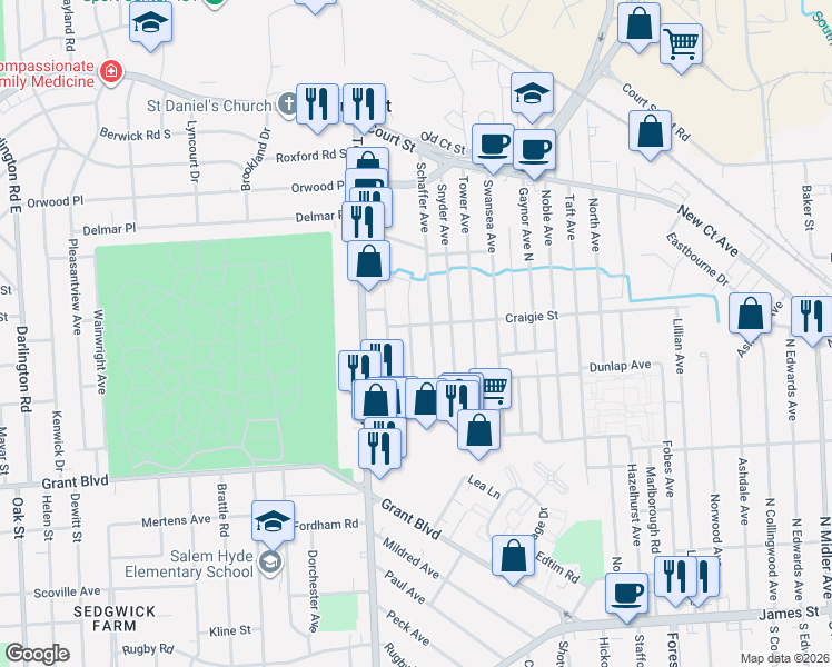 map of restaurants, bars, coffee shops, grocery stores, and more near 101 Craigie Street in Syracuse