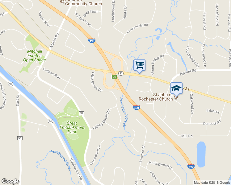 map of restaurants, bars, coffee shops, grocery stores, and more near 26 Little Brook Drive in Pittsford