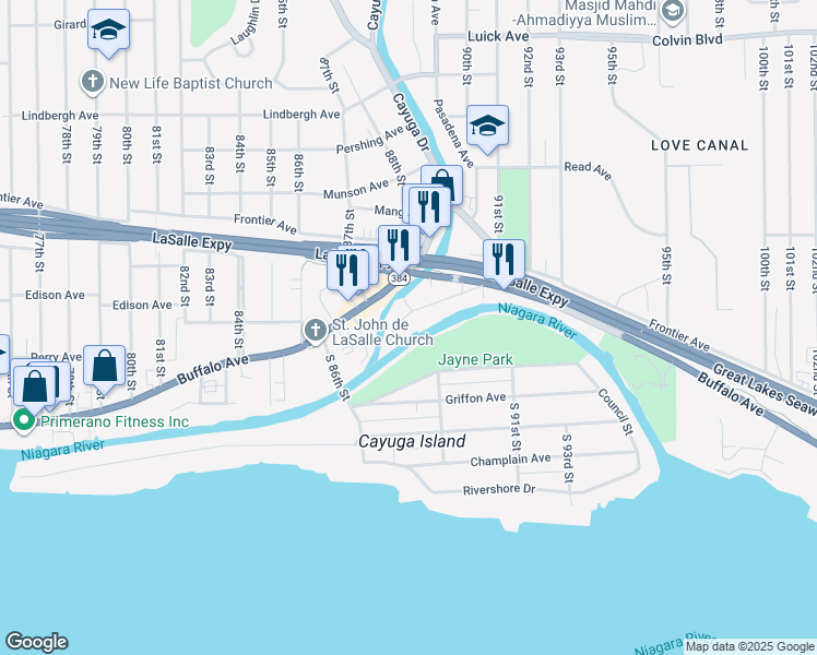 map of restaurants, bars, coffee shops, grocery stores, and more near 8735 Point Avenue in Niagara Falls