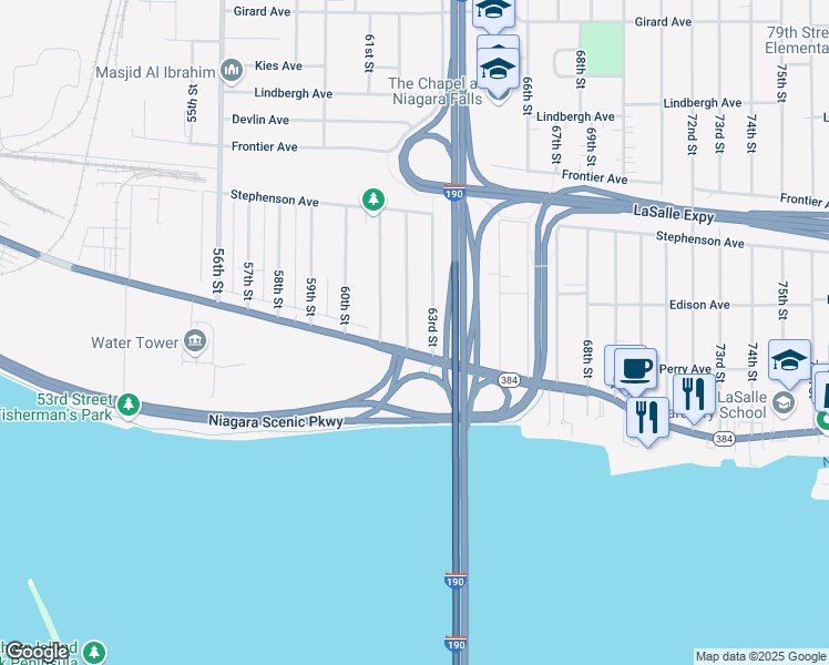 map of restaurants, bars, coffee shops, grocery stores, and more near 130 62nd Street in Niagara Falls