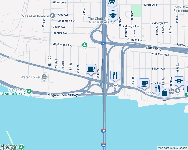 map of restaurants, bars, coffee shops, grocery stores, and more near 130 62nd Street in Niagara Falls