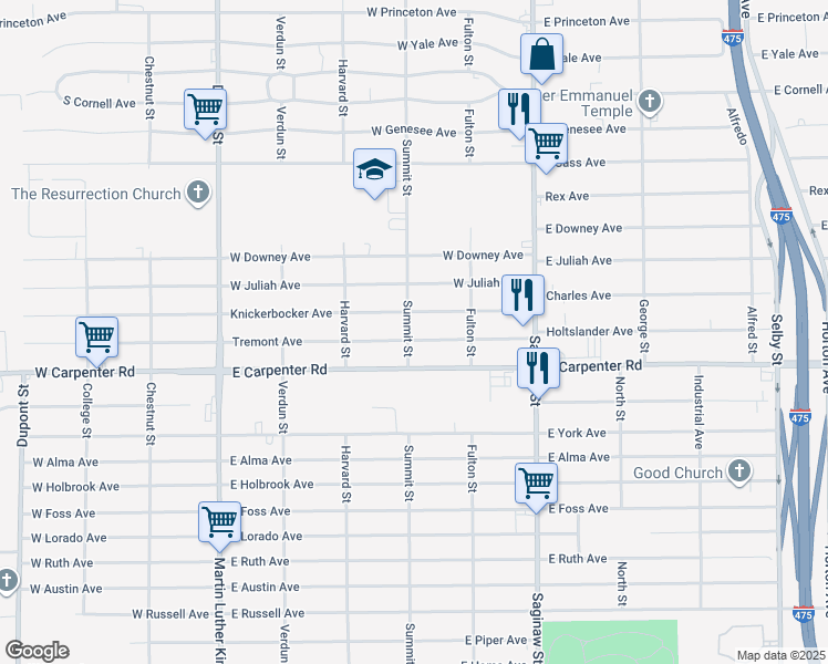 map of restaurants, bars, coffee shops, grocery stores, and more near 1115 Knickerbocker Avenue in Flint