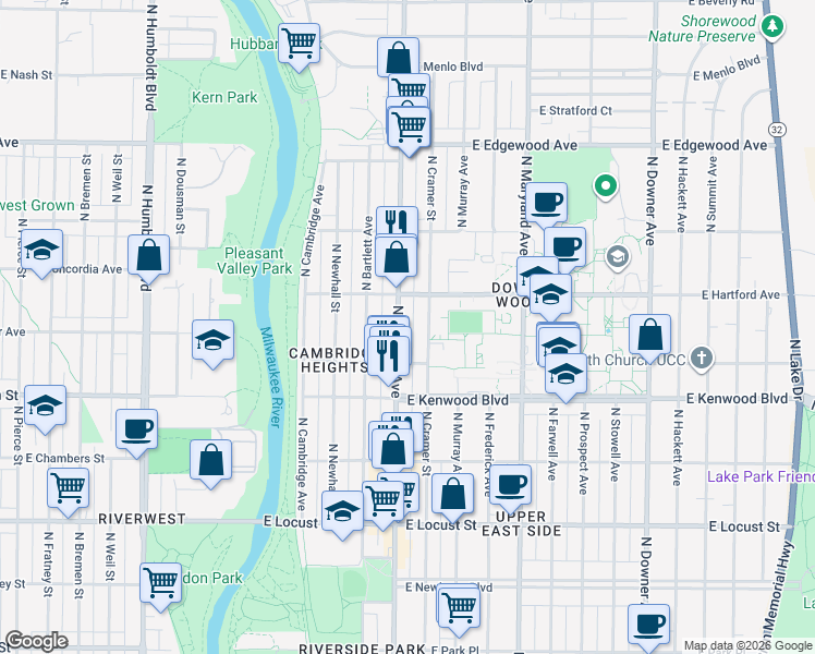 map of restaurants, bars, coffee shops, grocery stores, and more near 3261A North Oakland Avenue in Milwaukee