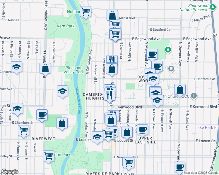 map of restaurants, bars, coffee shops, grocery stores, and more near 3261A North Oakland Avenue in Milwaukee