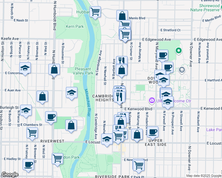 map of restaurants, bars, coffee shops, grocery stores, and more near 3255 North Bartlett Avenue in Milwaukee