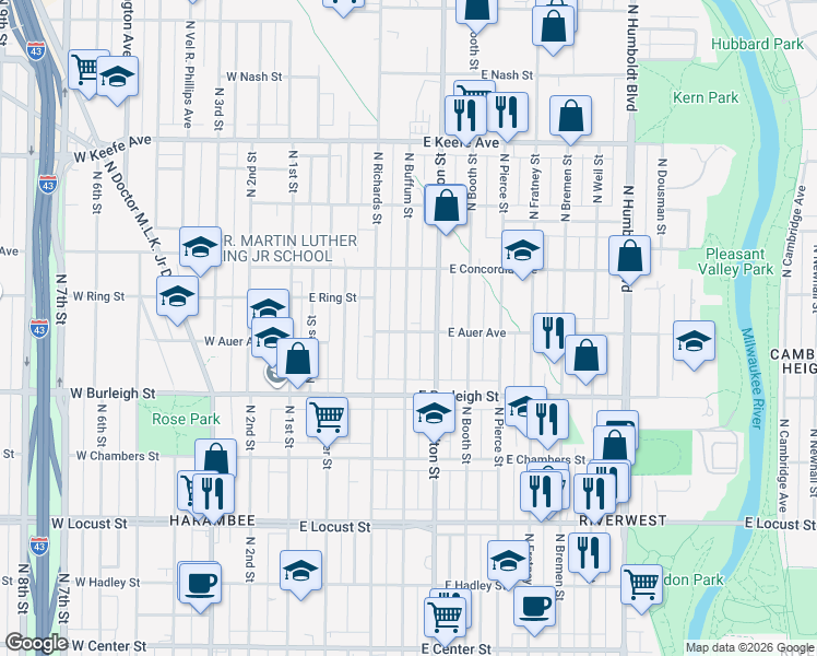 map of restaurants, bars, coffee shops, grocery stores, and more near 3214 North Buffum Street in Milwaukee