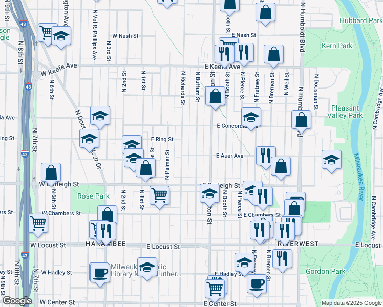 map of restaurants, bars, coffee shops, grocery stores, and more near 3214 North Richards Street in Milwaukee