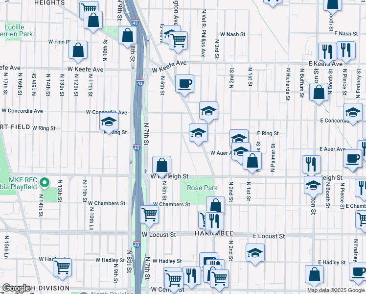 map of restaurants, bars, coffee shops, grocery stores, and more near 3227A North Julia Street in Milwaukee