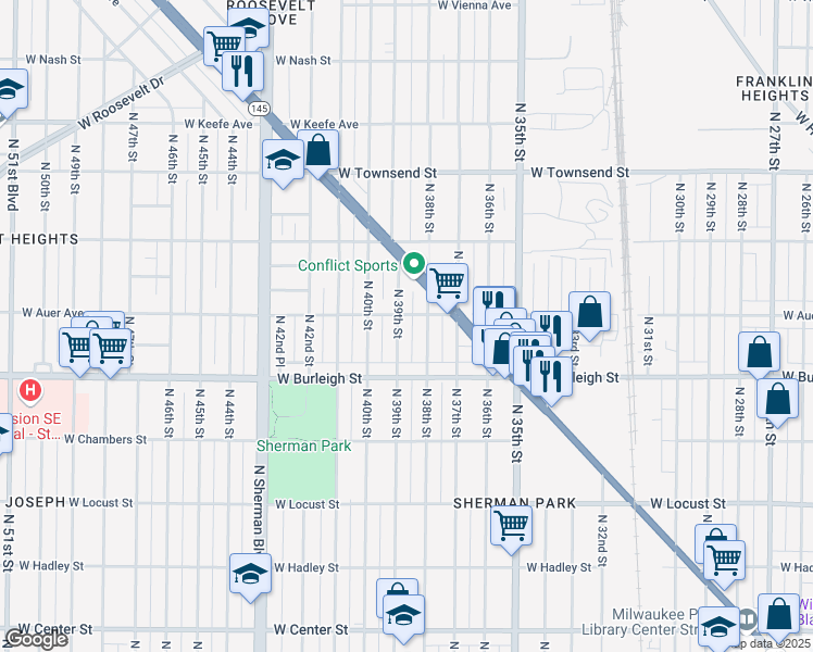 map of restaurants, bars, coffee shops, grocery stores, and more near 3812 West Auer Avenue in Milwaukee