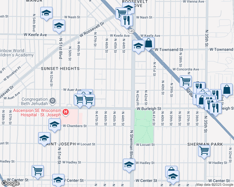 map of restaurants, bars, coffee shops, grocery stores, and more near 3177 North 44th Street in Milwaukee