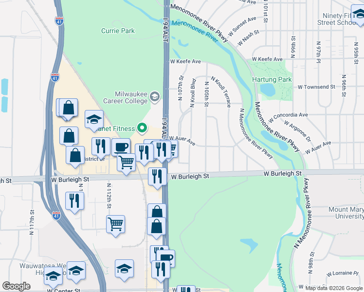 map of restaurants, bars, coffee shops, grocery stores, and more near 3191 North Knoll Boulevard in Wauwatosa